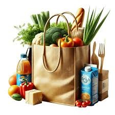 download (7) bancada com sacolas de supermercado cheias de frutas, legumes e grãos coloridos.