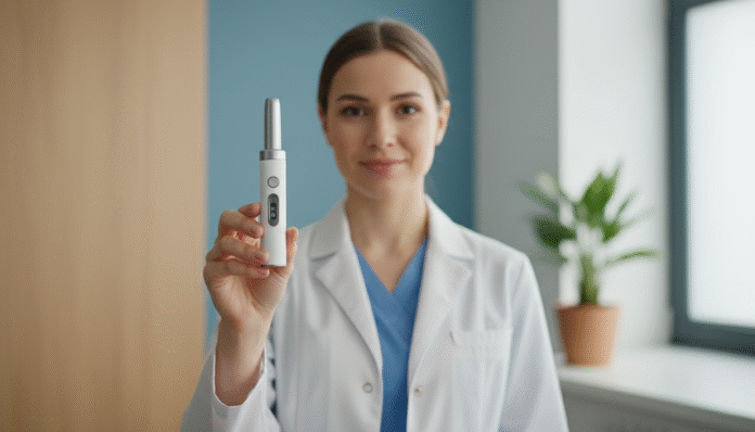 Médica com caneta injetável Profissional de saúde segurando caneta injetável usada no tratamento com Mounjaro