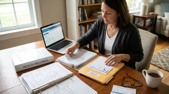 Pessoa Organizando Documentos Médicos (1) Pessoa se preparando para um check-up completo com exames e documentos