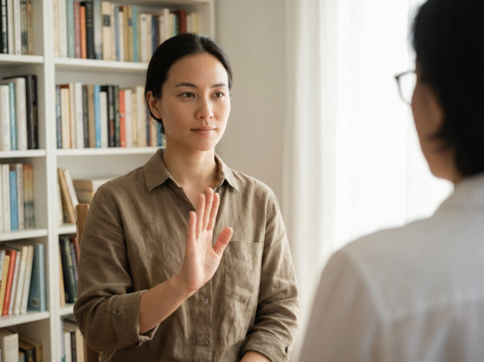 Pessoa dizendo não com expressão serena mulher dizendo não com calma e confiança