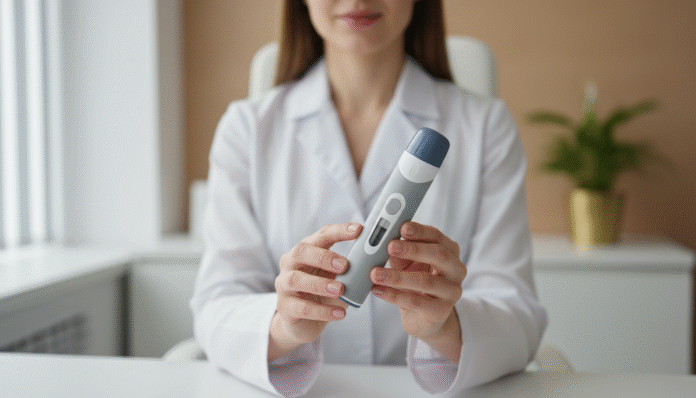 Profissional saúde caneta Mounjaro Profissional de saúde segurando caneta injetável usada no tratamento com Mounjaro