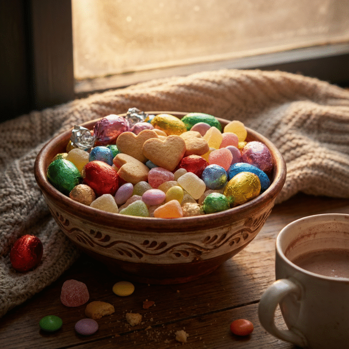 Tigela com chocolates representando vontade por açúcar pessoa pegando doce por ansiedade