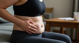 download (49) mulher tocando suavemente o abdômen, refletindo mudanças corporais da menopausa.