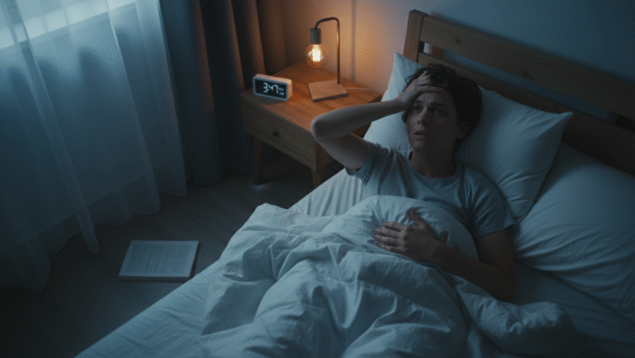 jovem_insonia_1200x675 jovem com insônia deitado na cama com expressão preocupada.