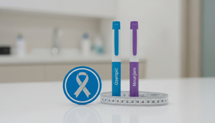 ozempic_mounjaro_medicamentos_diabetes frasco de medicamento ao lado de fita métrica