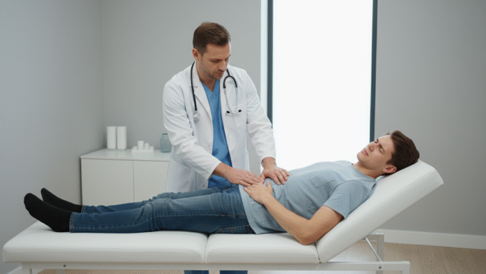 paciente_dor_abdominal_1200x675 paciente com dor abdominal sendo avaliado por médico.