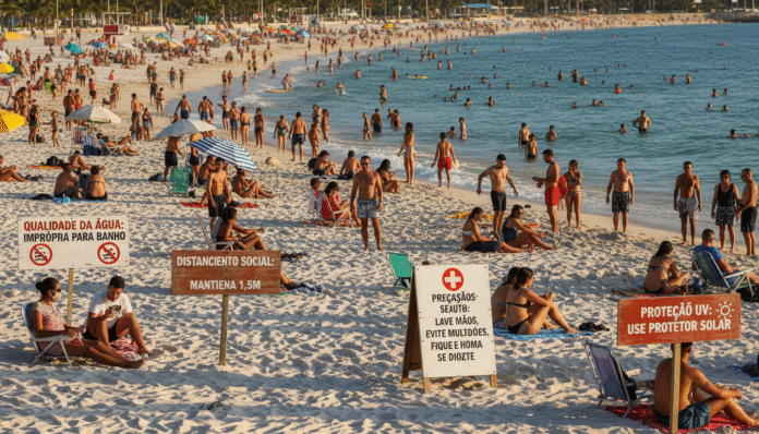 praia_movimentada_sinalizacao_saude Praia do litoral de São Paulo com aviso de alerta sanitário.
