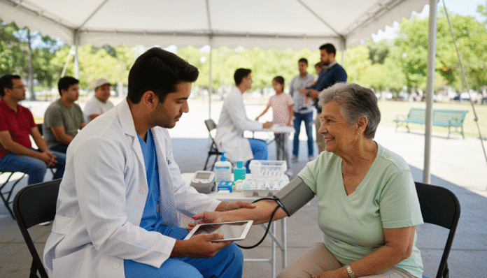 profissional_saude_mutirao profissional de saúde realizando exame preventivo em mutirão.