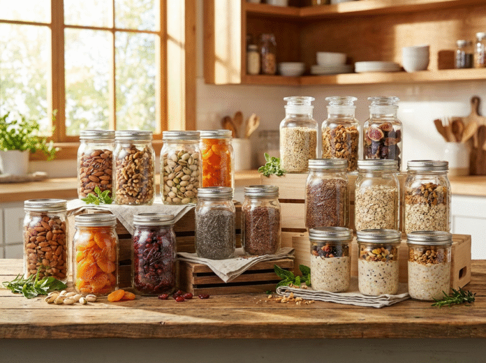 Alimentos Preparados em Potes Alimentos preparados no domingo em potes organizados.