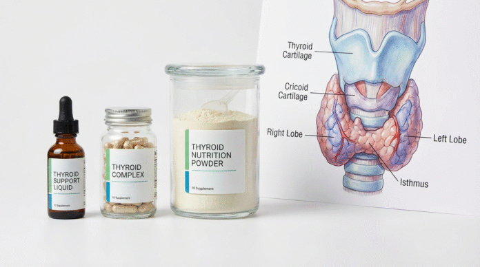 Frascos e Tireoide Frascos de suplementos ao lado de ilustração da tireoide