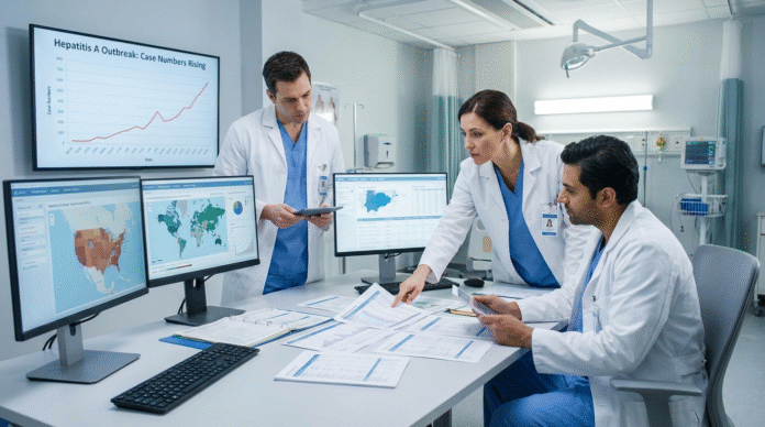 Profissionais de Saúde Analisando Hepatite A profissionais observando dados sobre crescimento dos casos de hepatite A no Brasil.