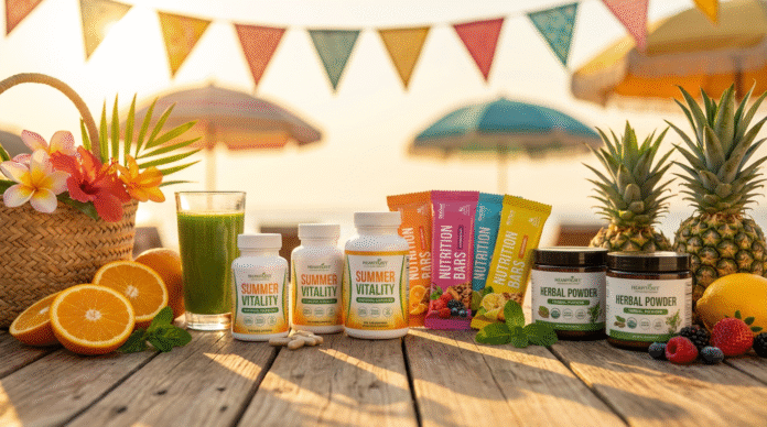 Suplementos Emagrecimento Verão (1) Suplementos para emagrecer expostos em um ambiente de verão