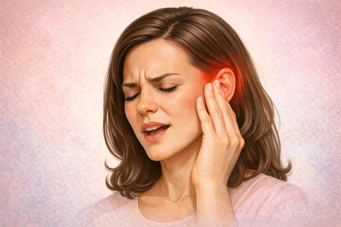 ChatGPT Image 20 de fev. de 2026, 14_14_11 Pessoa segurando o ouvido com expressão de incômodo