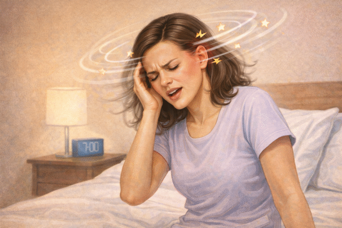 ChatGPT Image 20 de fev. de 2026, 14_24_50 Pessoa sentada na cama sentindo tontura ao virar a cabeça