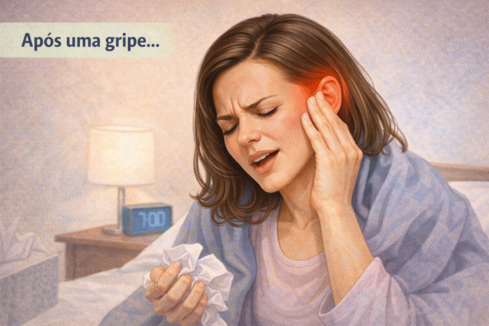 ChatGPT Image 20 de fev. de 2026, 14_33_54 Pessoa segurando o ouvido com expressão de incômodo após gripe