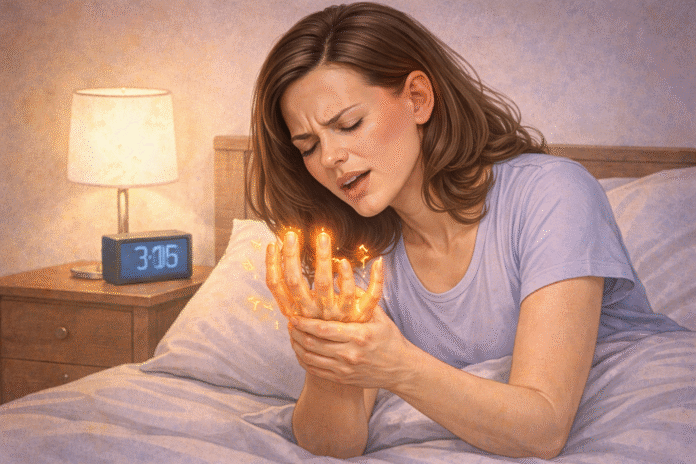 ChatGPT Image 20 de fev. de 2026, 14_46_33 Pessoa acordando à noite segurando a mão com sensação de formigamento