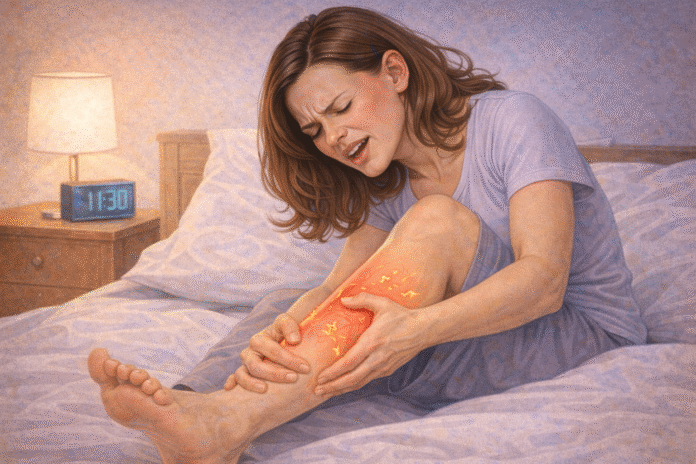 ChatGPT Image 20 de fev. de 2026, 15_10_54 Pessoa segurando a panturrilha com expressão de dor durante a noite