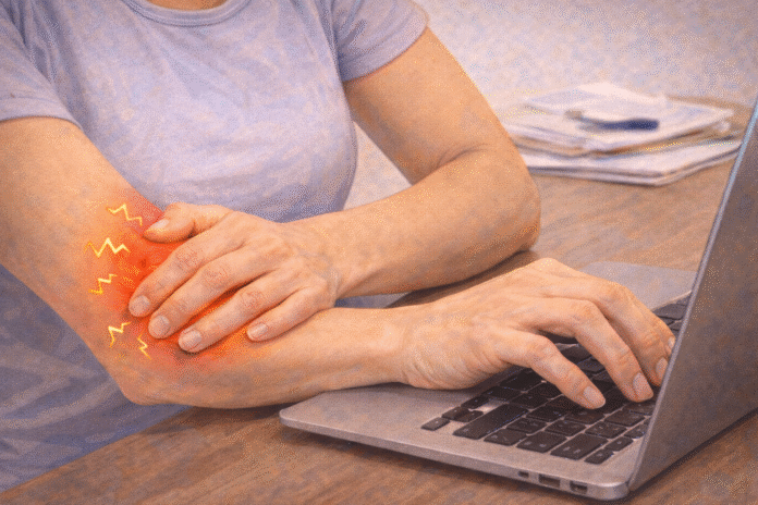 ChatGPT Image 20 de fev. de 2026, 15_28_00 Pessoa digitando no computador com a outra mão segurando o cotovelo dolorido