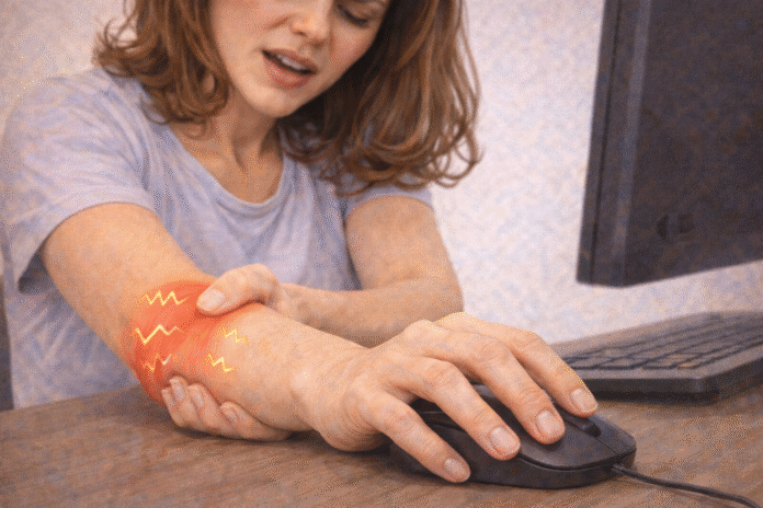 ChatGPT Image 20 de fev. de 2026, 15_43_02 Pessoa usando mouse com expressão de desconforto segurando o punho