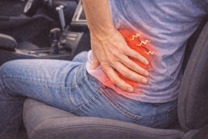 ChatGPT Image 20 de fev. de 2026, 15_48_10 Pessoa ajustando o banco do carro com a mão na região lombar