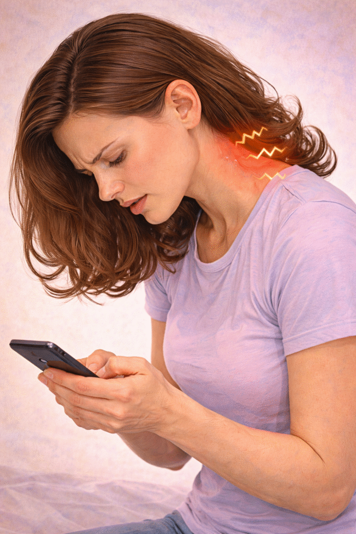 ChatGPT Image 20 de fev. de 2026, 15_54_11 Pessoa olhando para o celular com a cabeça inclinada para frente