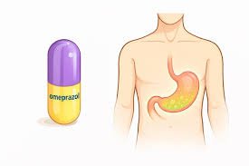 download (22) Frasco de omeprazol ao lado de um desenho ilustrativo do estômago