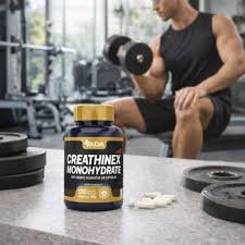 images (4) Suplemento de creatina monohidratada ao lado de equipamento de treino.