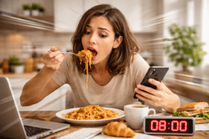 ChatGPT Image 19 de mar. de 2026, 15_03_08 pessoa comendo rápido sem prestar atenção na refeição