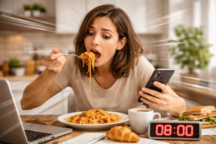 ChatGPT Image 19 de mar. de 2026, 15_03_08 pessoa comendo rápido sem prestar atenção na refeição