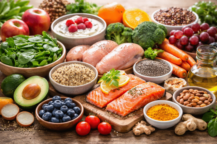 ChatGPT Image 19 de mar. de 2026, 15_44_19 alimentos saudáveis como aveia, frutas e vegetais organizados em mesa