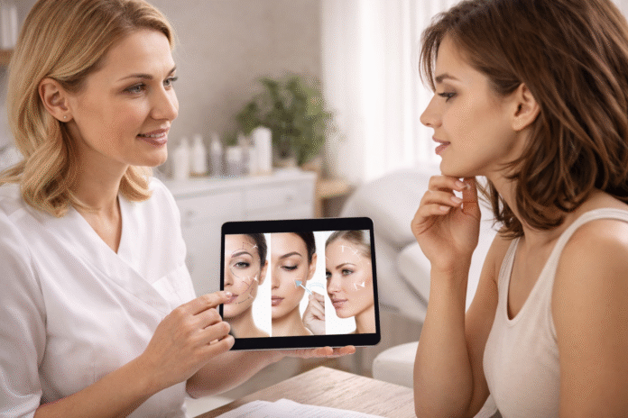 ChatGPT Image 19 de mar. de 2026, 15_47_40 pessoa em consulta avaliando procedimento estético com profissional