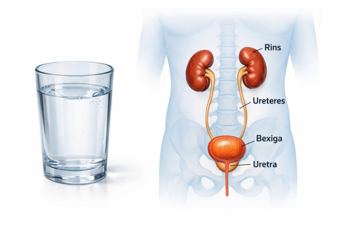 ChatGPT Image 2 de mar. de 2026, 17_34_33 Copo de água ao lado de ilustração do sistema urinário