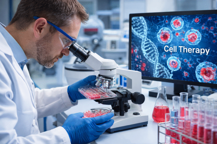 ChatGPT Image 2 de mar. de 2026, 18_44_17 Cientista analisando amostras em laboratório relacionadas a terapia celular