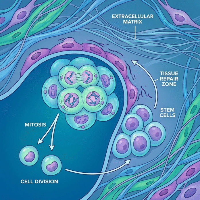 Ilustração Científica Regeneração Tecidual ilustração científica mostrando células em processo de regeneração de tecido