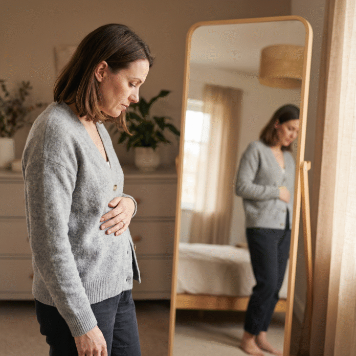 Mulher refletindo mudanças corpo mulher refletindo sobre mudanças no corpo antes dos 40