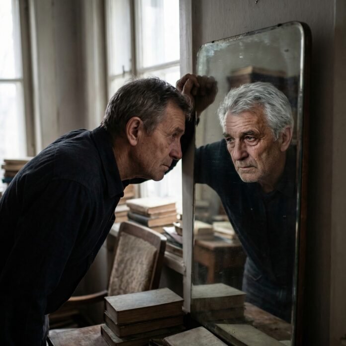 Pessoa refletindo sobre mudanças no corpo homem refletindo sobre mudanças no corpo com o tempo