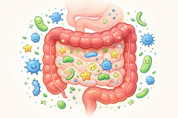 ChatGPT Image 10 de abr. de 2026, 17_45_50 ilustração de intestino saudável com representação de bactérias benéficas