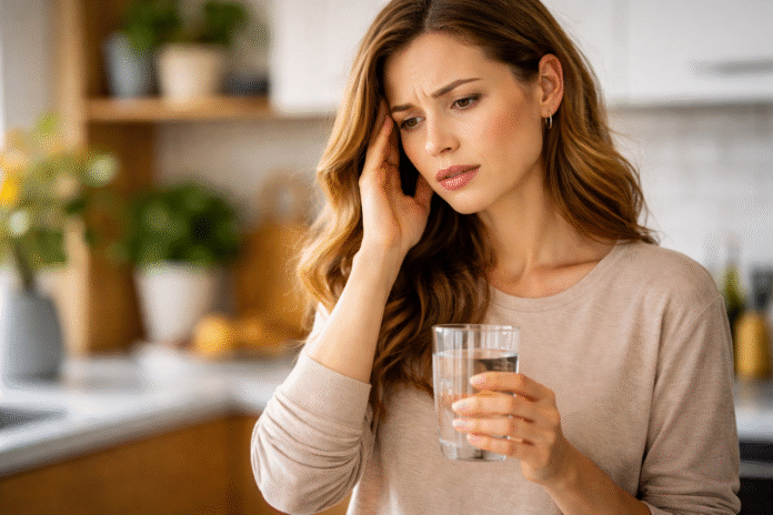 ChatGPT Image 13 de abr. de 2026, 13_55_02 pessoa com expressão de cansaço segurando copo de água