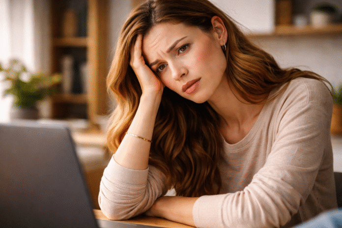 ChatGPT Image 13 de abr. de 2026, 14_00_28 pessoa cansada apoiando a cabeça na mão em ambiente cotidiano