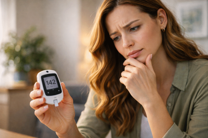 ChatGPT Image 13 de abr. de 2026, 14_18_52 ilustração de controle de glicose com pessoa analisando saúde