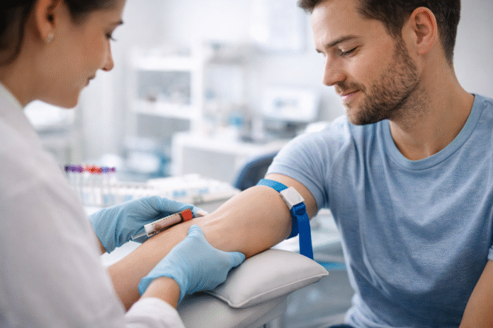 ChatGPT Image 13 de abr. de 2026, 14_29_19 pessoa realizando exame de sangue em laboratório