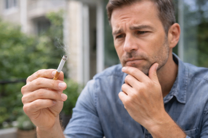 ChatGPT Image 15 de abr. de 2026, 15_22_03 pessoa refletindo ao segurar cigarro com expressão de dúvida