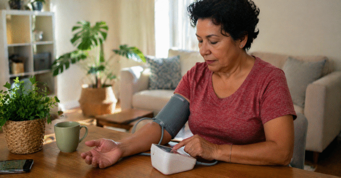 ChatGPT Image 17 de abr. de 2026, 08_19_34 pessoa medindo pressão arterial em casa