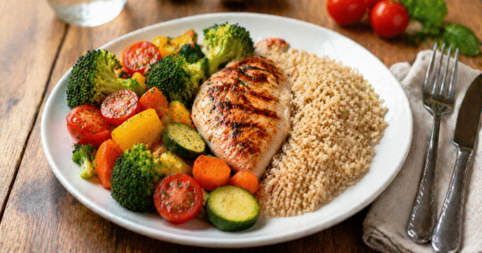 ChatGPT Image 17 de abr. de 2026, 13_34_36 prato equilibrado com vegetais, proteína e carboidrato