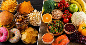 ChatGPT Image 17 de abr. de 2026, 14_08_43 comparação entre alimentos naturais e ultraprocessados