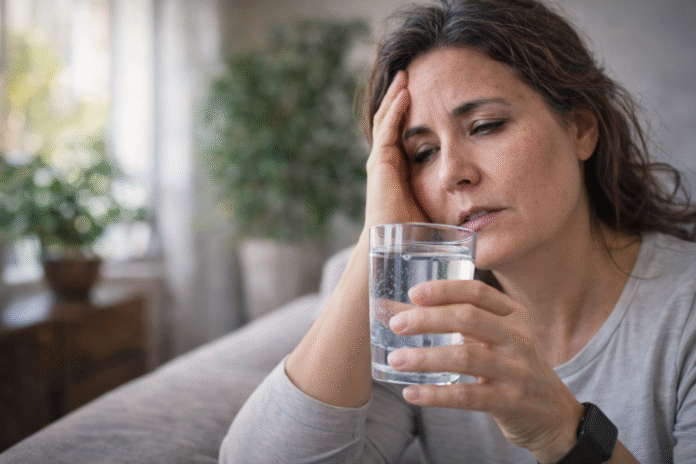 ChatGPT Image 20 de abr. de 2026, 14_46_17 pessoa com expressão de cansaço e segurando copo de água