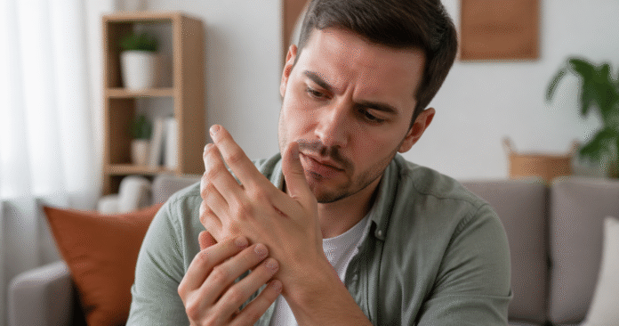 ChatGPT Image 21 de abr. de 2026, 16_47_15 pessoa observando pequeno corte na mão com expressão de preocupação