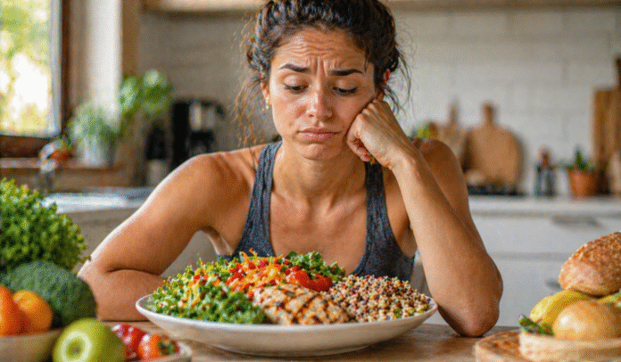 ChatGPT Image 23 de abr. de 2026, 12_59_04 pessoa olhando prato saudável com expressão de dúvida