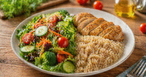 ChatGPT Image 24 de abr. de 2026, 13_53_12 prato equilibrado com vegetais, proteína e carboidrato