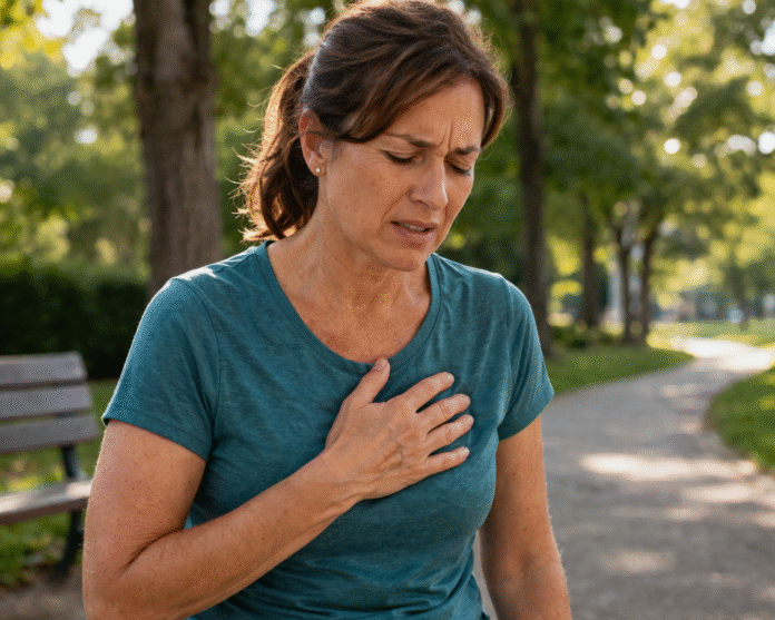 ChatGPT Image 6 de abr. de 2026, 18_56_32 pessoa com leve desconforto no peito segurando a região torácica